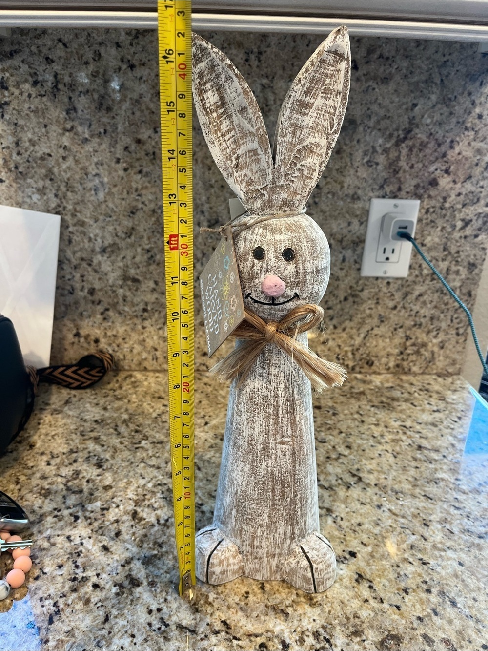 Rustic Wooden Bunny Figurine - Whitewashed Brown Farmhouse